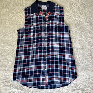 Equipment Femme Womens Top Plaid Sleeveless Blouse Blue Red Button Up Size XS